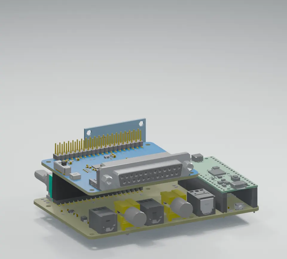 Native CAD: the Studio DB25 DAC seated above the Pico 2 motherboard on the 40-pin header