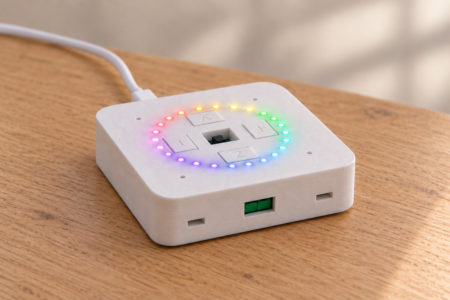 Compact Voice on an oak desk, with two front micro-speaker slots, a recessed green speaker connector, multicolour RGB ring and USB cable.