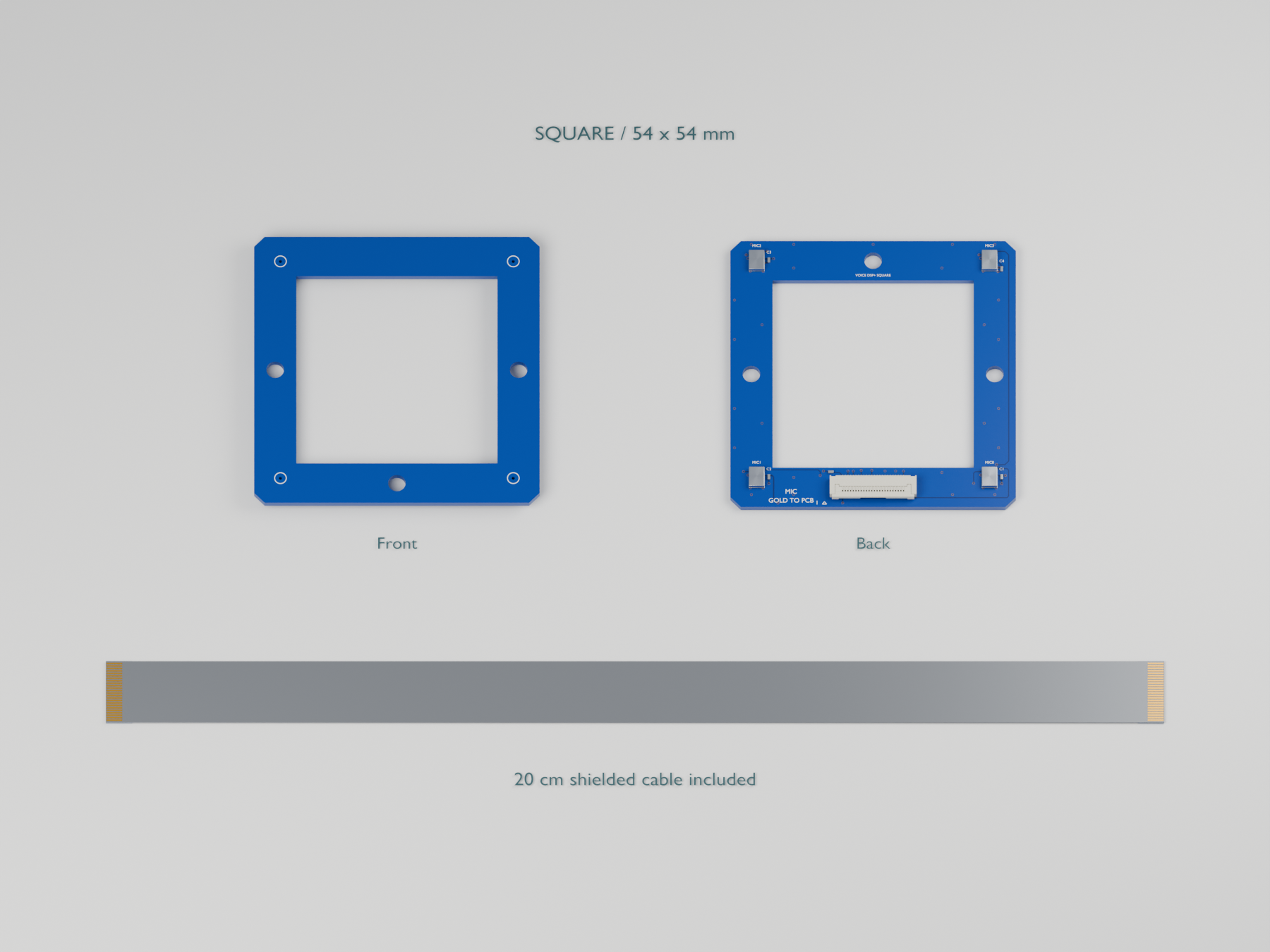 Blue SQUARE microphone PCB, both faces shown, with four metal MEMS capsules and a straight ribbon cable