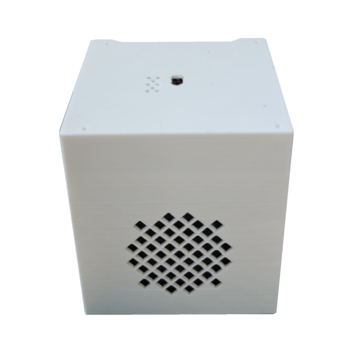 Actual front and top of the white 3D-printed Voice DSP Plus Full Speaker