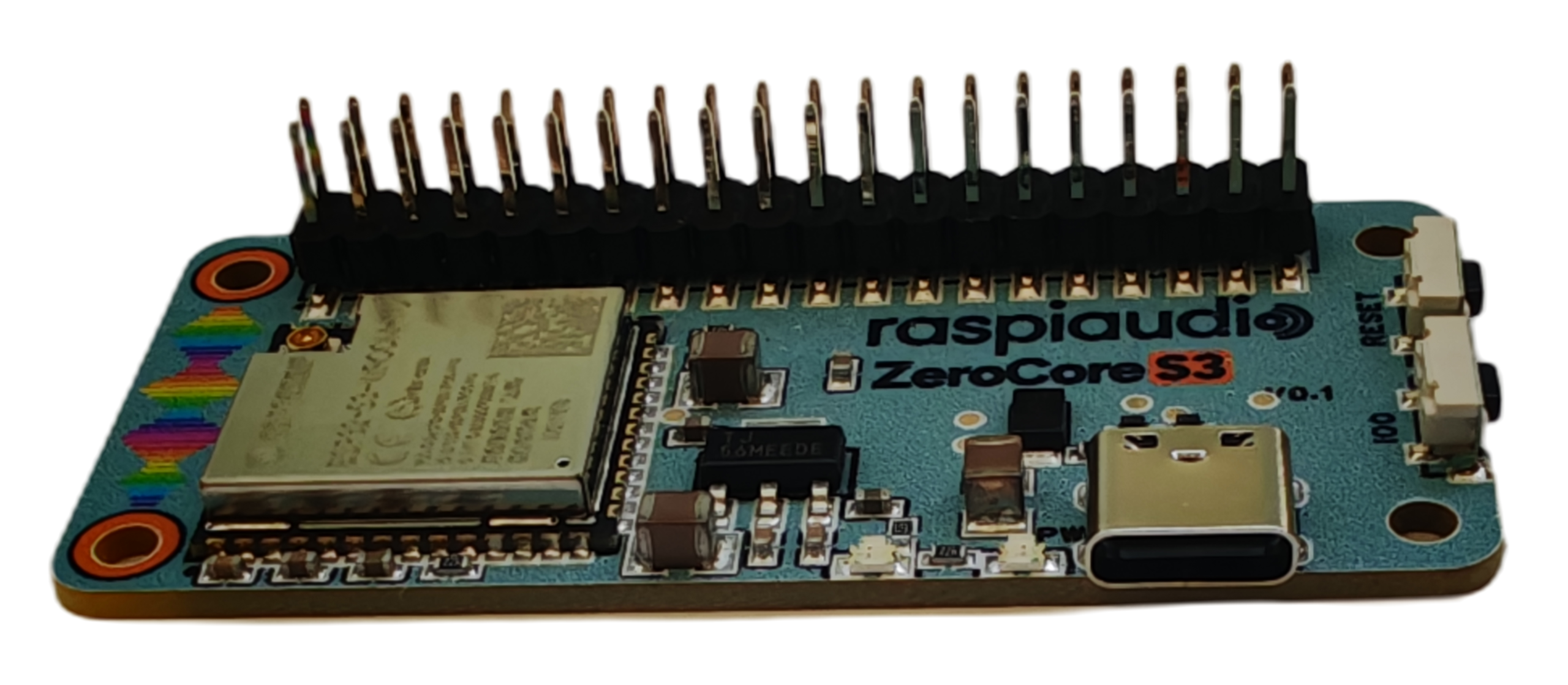 CoreZero S3 component-side photograph showing USB-C and the 40-pin header; transparent background