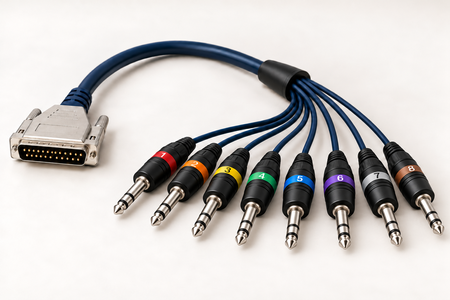 Illustration of a male DB25 breakout cable with eight numbered 6.35 mm TRS jack plugs