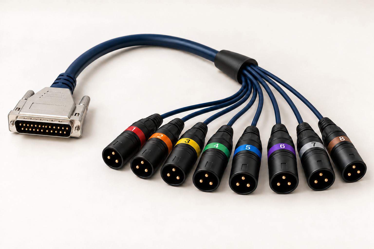 Illustration of a male DB25 breakout cable with eight numbered male XLR connectors