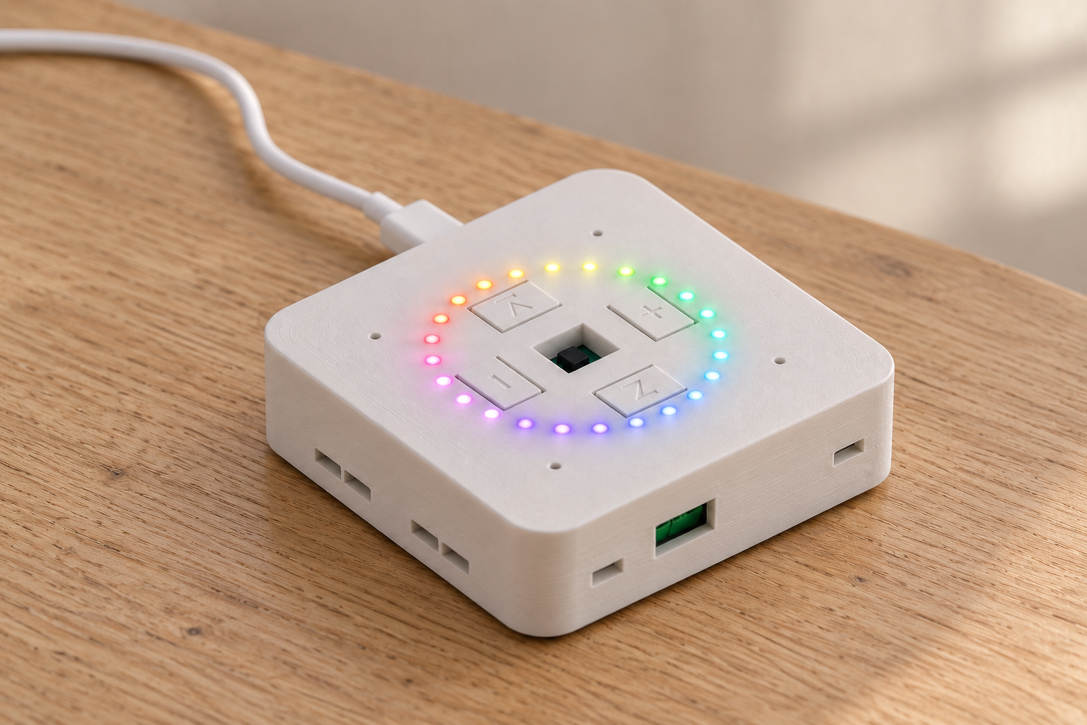 Compact Voice RGB ring illuminated on a bare oak tabletop - design visualization