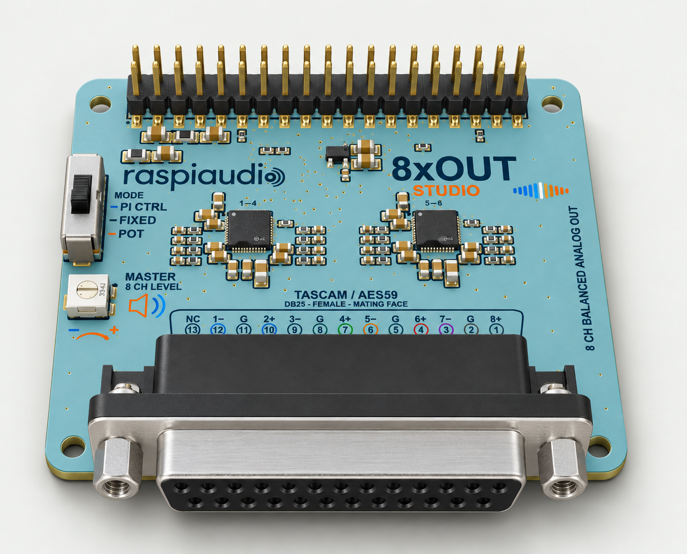 Studio rendering of the light-blue 8xOUT STUDIO board with two DACs and a female DB25 connector